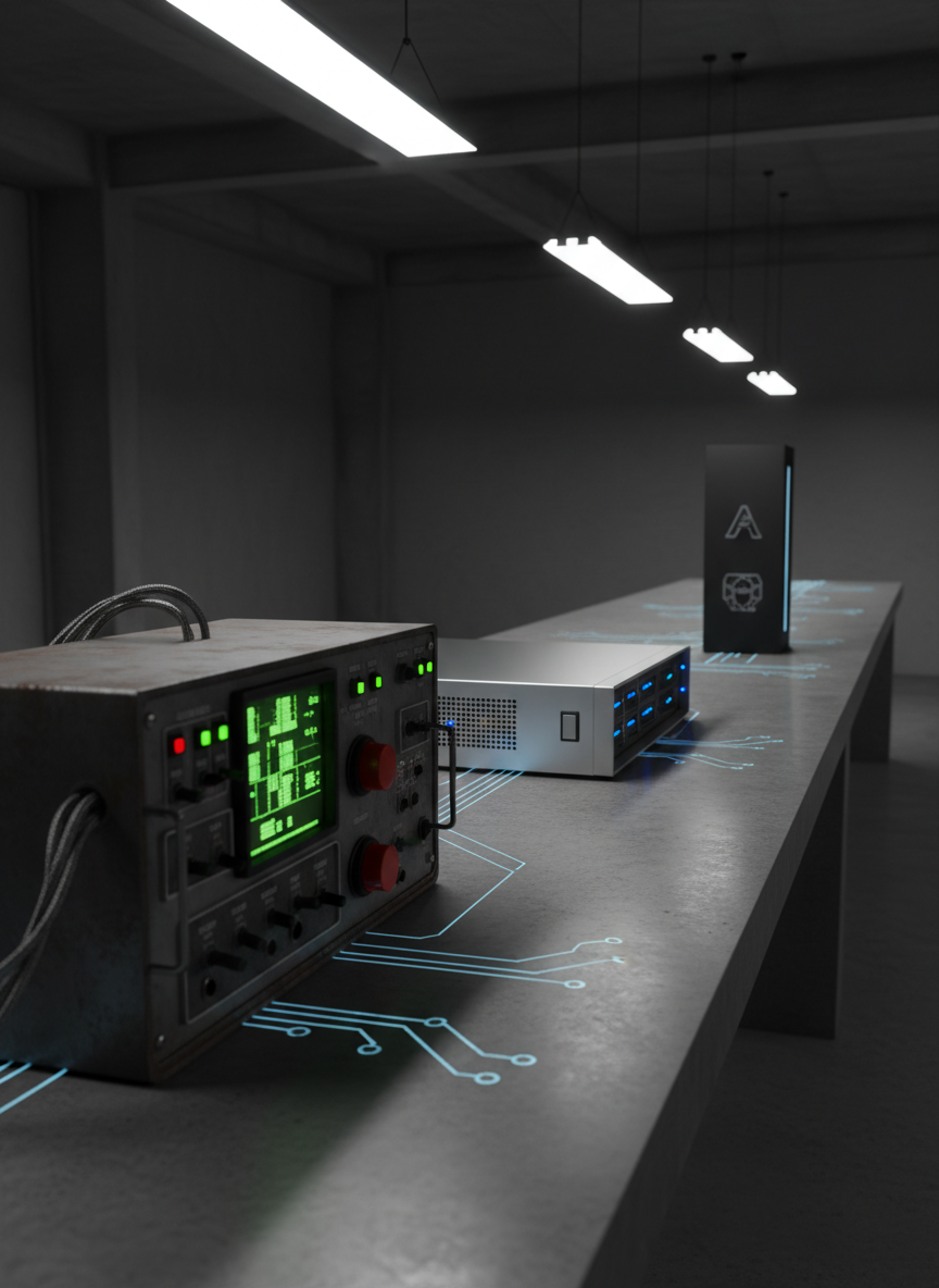 A symbolic timeline of computing laid out on a long, dark concrete workbench: on the near end, a rugged metal mainframe control panel with glowing green indicators; in the center, a brushed aluminum server blade with blue status LEDs; at the far end, a slim, matte-black device labeled with subtle agentic and MCP icons. Fine circuitry patterns are etched into the concrete surface, faintly illuminated. Overhead, cool white industrial lighting casts crisp highlights and soft shadows, emphasizing textures of metal and plastic. Photographic realism, captured from a low, receding angle to suggest depth and progression, with sharp focus throughout. The atmosphere is serious, analytical, and forward-looking, evoking the evolution from mainframe to modern agentic compute.