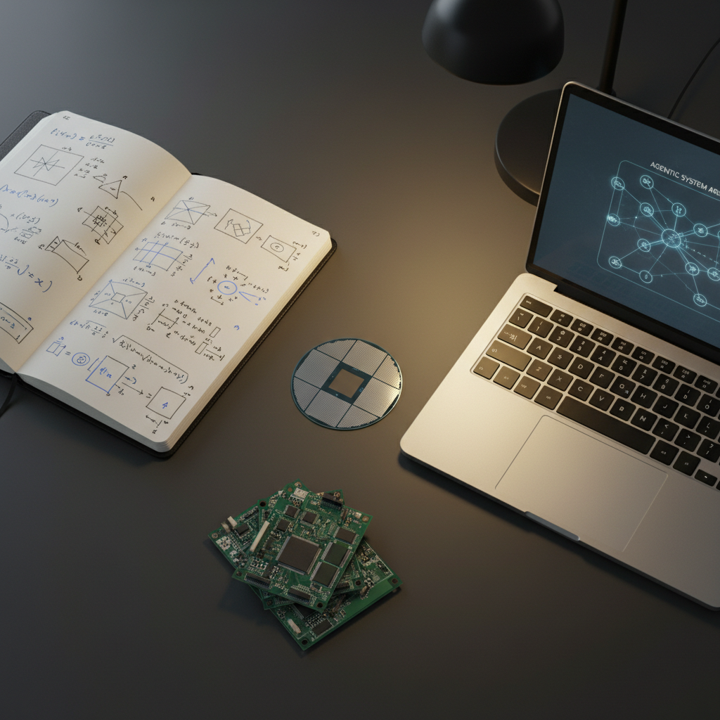 An overhead photographic scene of a dark graphite worktable where philosophy meets compute: an open black notebook filled with neat, handwritten symbols and logic diagrams sits beside a slim, silver laptop whose screen shows a soft-focused schematic of an agentic system. Between them lies a polished metal CPU wafer and a small stack of circuit boards, their components sharply detailed. A single warm desk lamp from the upper corner creates a pool of light, leaving the edges of the frame in gentle shadow. The mood is introspective and professional, with a clean, modern aesthetic. Composition follows the rule of thirds with strong geometric lines, emphasizing thoughtful design and conceptual depth for a technical blog.